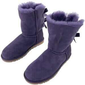 Ugg Bailey Bow Purple Leather Fur Shearling Boots Women's Size 6 Pre-Owned